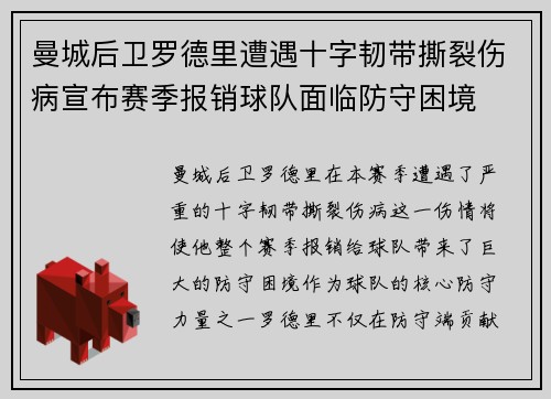 曼城后卫罗德里遭遇十字韧带撕裂伤病宣布赛季报销球队面临防守困境 曼城后卫罗德里遭遇十字韧带撕裂伤病宣布赛季报销球队面临防守困境