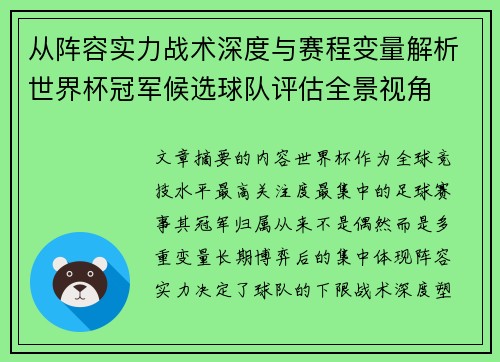 从阵容实力战术深度与赛程变量解析世界杯冠军候选球队评估全景视角